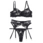 SUBBLIME - SET 3 PEZZI REGGISENO + PERIZOMA + GIARRETTIERA STAMPA FLOREALE NERO L/XL