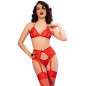 CHILIROSE - CR 4848 SET REGGISENO + PERIZOMA + CALZE IN PIZZO ROSSO XL