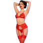 CHILIROSE - CR 4848 SET REGGISENO + PERIZOMA + CALZE IN PIZZO ROSSO XL
